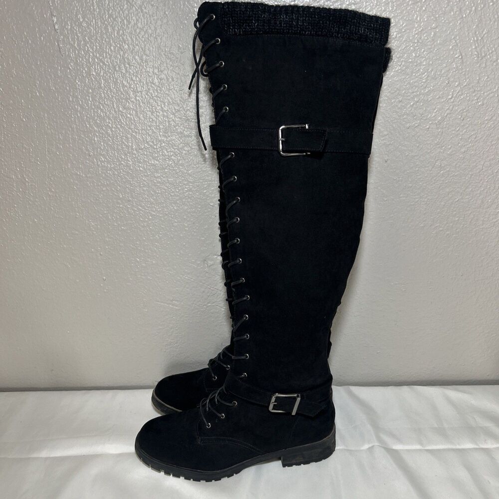 Shoedazzle Women's Flat Faux Suede Black Piper Laceup Boots Size 8.5 Side Zip